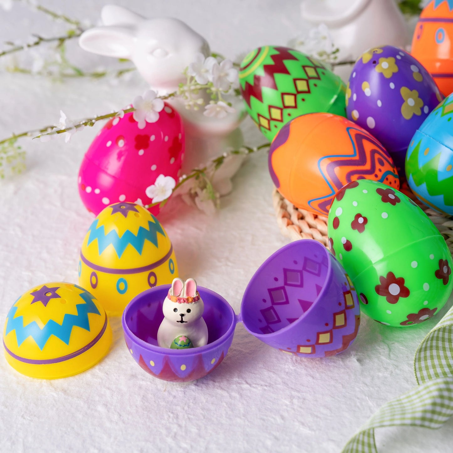 36PCS 3.15" Printed Easter Eggs, Empty Fillable Colorful Plastic Eggs Bulks for Easter Hunt, Basket Stuffers Filler, Classroom Prize Supplies