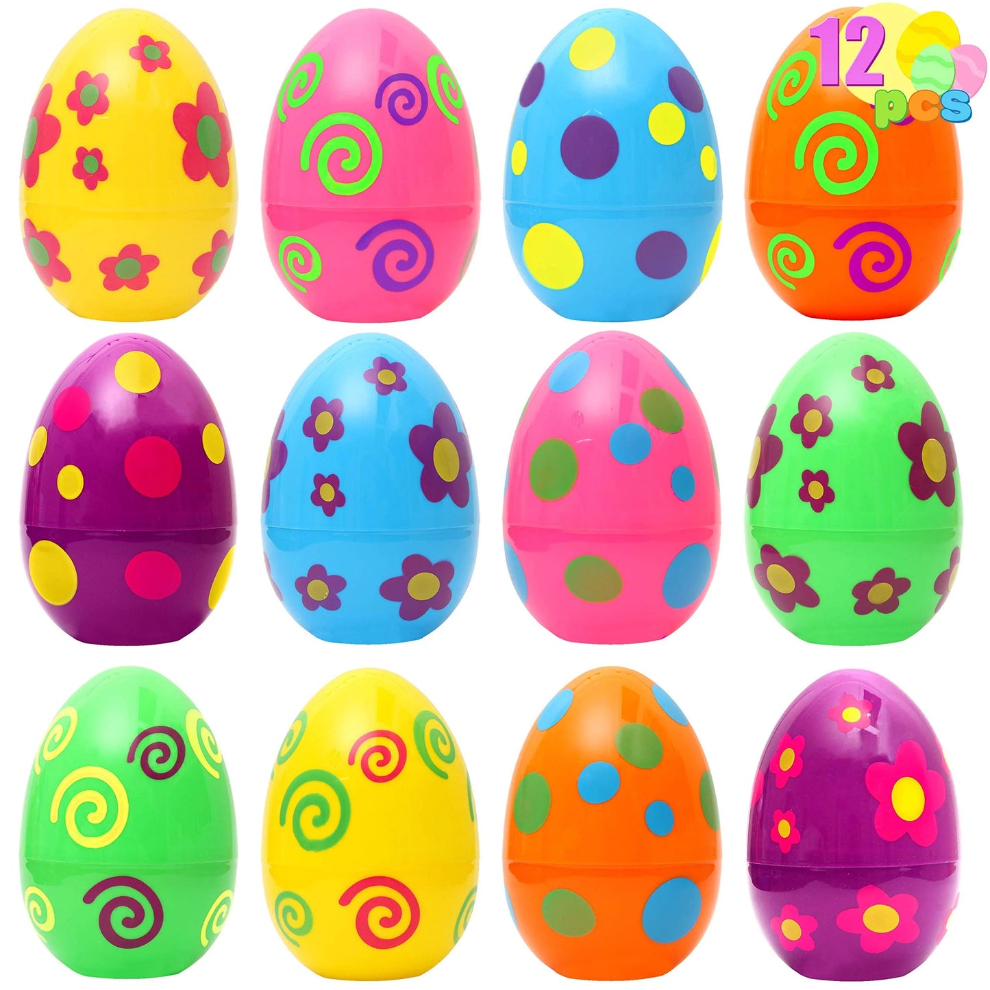 12 Pcs Jumbo Easter Eggs, 6 Inches Printed Plastic Large Easter Eggs Empty for Hunt, Basket Stuffers/Fillers, Filling Treats, Party Favors Supplies, Classroom Prizes