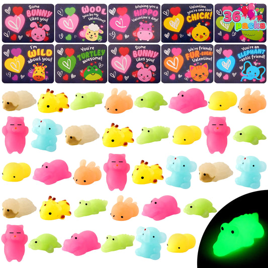 36 Packs Valentine’s Day 9-Design Gift Cards with Glow in Dark Mochi Squishy Toys, Stress Relief Fidget Toys, Glowing Squeeze Toys for Kids Valentine's Party Favors and Classroom Exchange