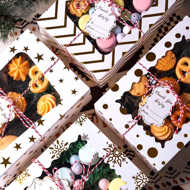 Joyfy 24 Pcs Christmas Cookie Boxes, Gold Foil Treat Boxes with Windows 9" x 6.2" x 3" Bakery Gift Wrapping Box for Xmas Holiday Party Favor Pastries, Cupcakes, Cookies, Donuts Gift-Giving