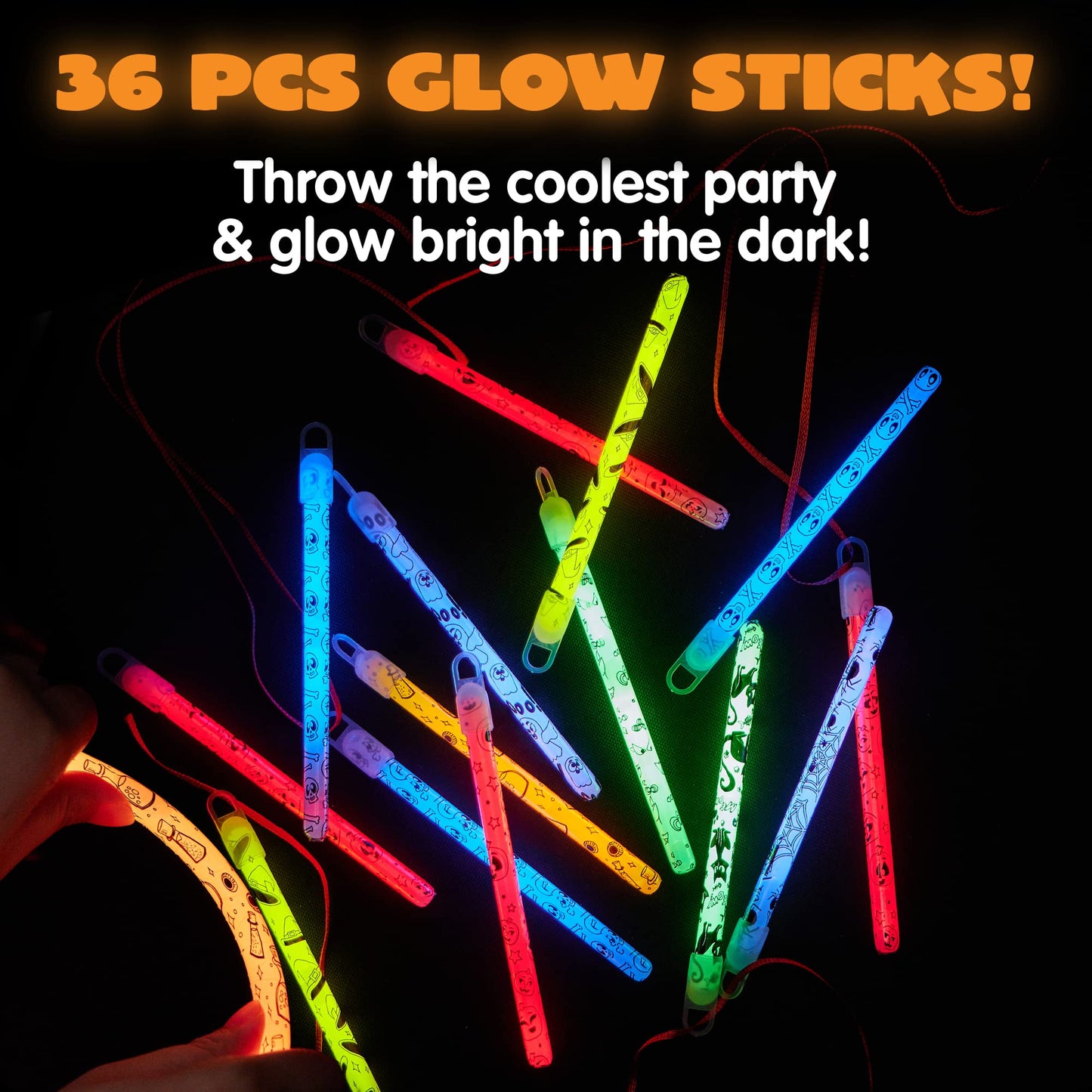 Sycnfun 36 Pcs Halloween Glow Sticks Bulk Party Pack,Hanging Wands Glow in The Dark Party Favors,Halloween Goodie Bag Fillers,Halloween Trinkets for Kids,Halloween Activities