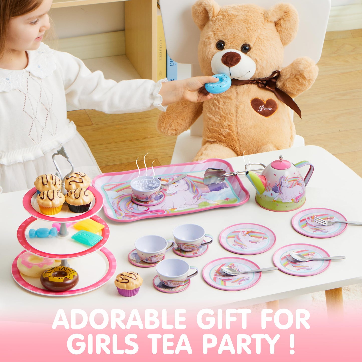 SYNCFUN 35 Pcs Unicorn Tea Set for Little Girls, Pretend Tin Teapot Set, Princess Tea Time Play Kitchen Toy, Birthday Gifts Kids Toddlers Age 3 4 5 6