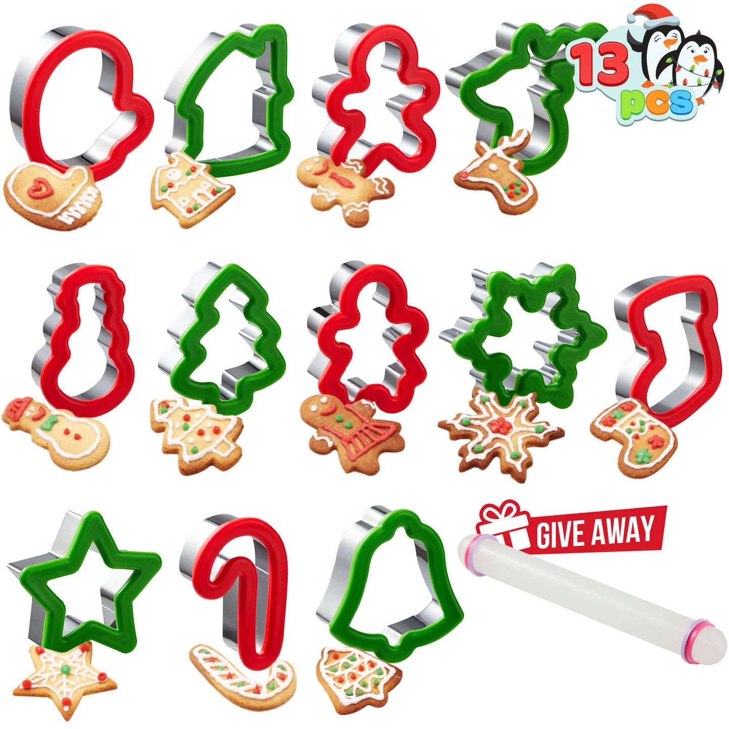 Joyfy 13 Pcs 3.5" Christmas Cookie Cutters with Rolling Pin for Christmas Party Cookies Baking