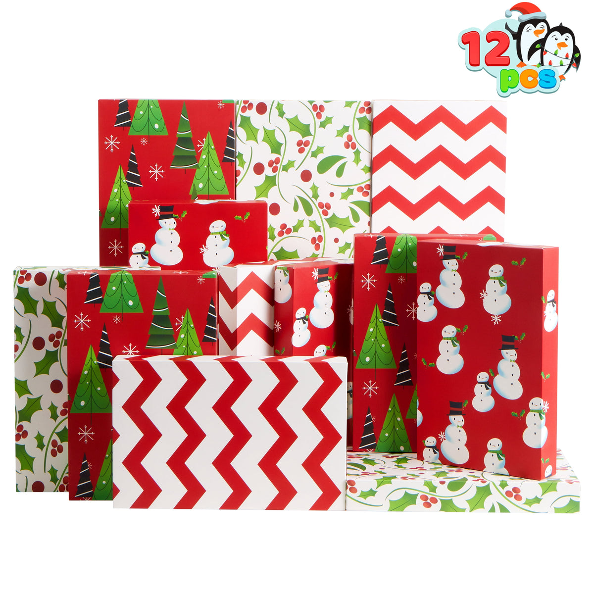 Joyfy 12 Pcs 14" x 9.5" x 2" Christmas Shirt Gift Boxes with Lids for Presents, Large Robe Cardboard Boxes, 4 Designs Decorative Box for Clothes, Xmas Birthday Holiday Wedding Gift Wrapping Decor