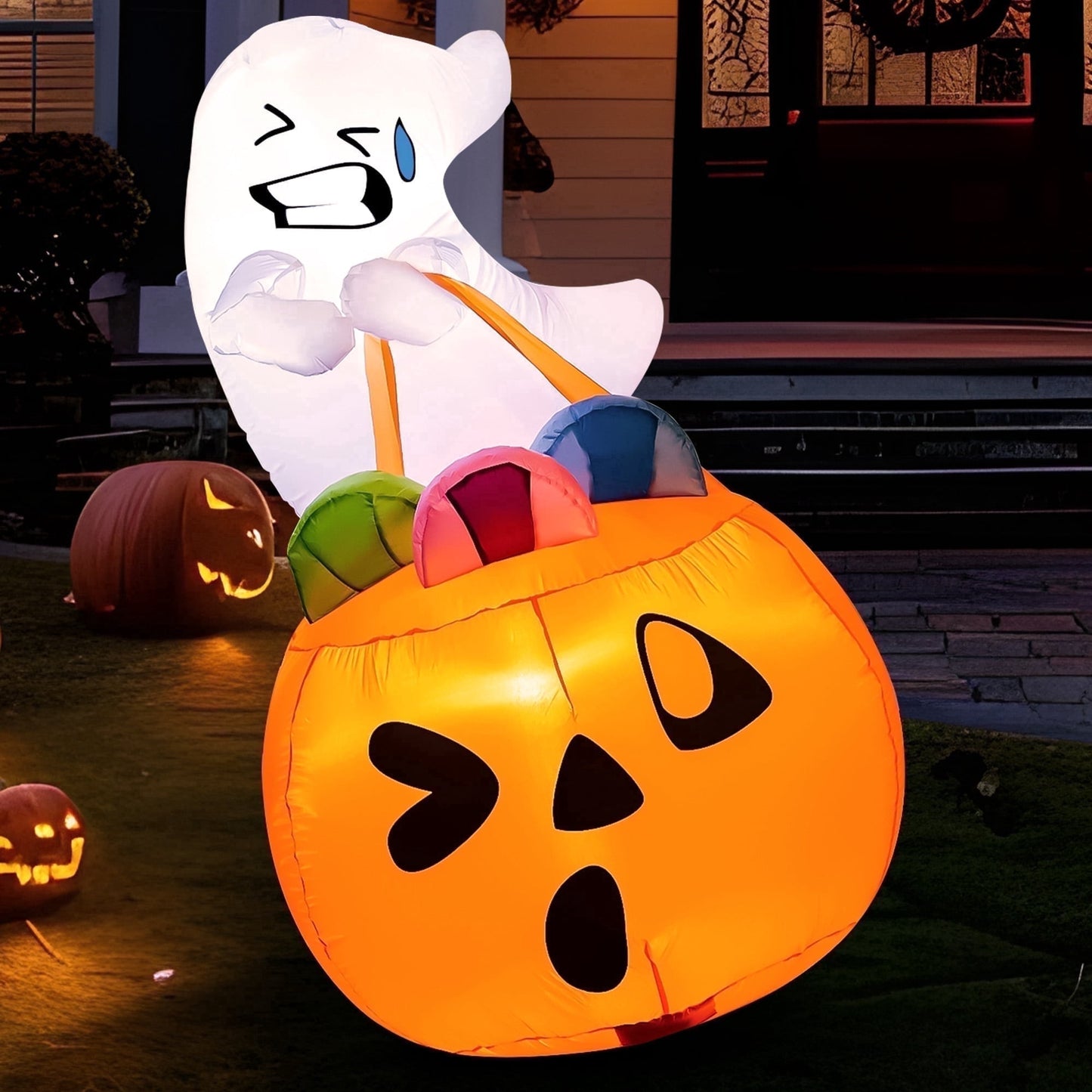 Joyfy 5ft Halloween Inflatables Light up Cute Ghost Lift Pumpkin,Halloween Inflatables Outdoor Decorations,Blow up Halloween Yard Decorations
