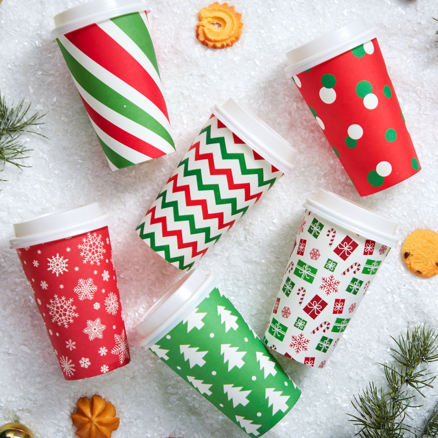 Joyfy 72 Pcs Christmas Disposable Paper Cups, 16 oz Xmas Dinnerware Cups With Cup Sleeves and Lids, 6 Designs Hot/Cold Beverages Tableware for Holiday Party Supplies