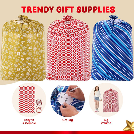 Joyfy 3 Pcs Extra Large Christmas Bags 56”x36” with Gift Tags for Xmas Holiday Parties Gift Giving, Winter Family Gatherings, Office Parties, Heavy Duty Bag