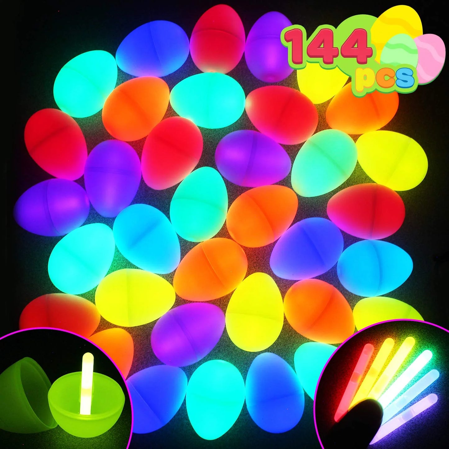 144 Easter Glow Eggs & 288 Mini Glow Sticks, Glow-in-the-dark Easter Basket Stuffing Gifts for Kids