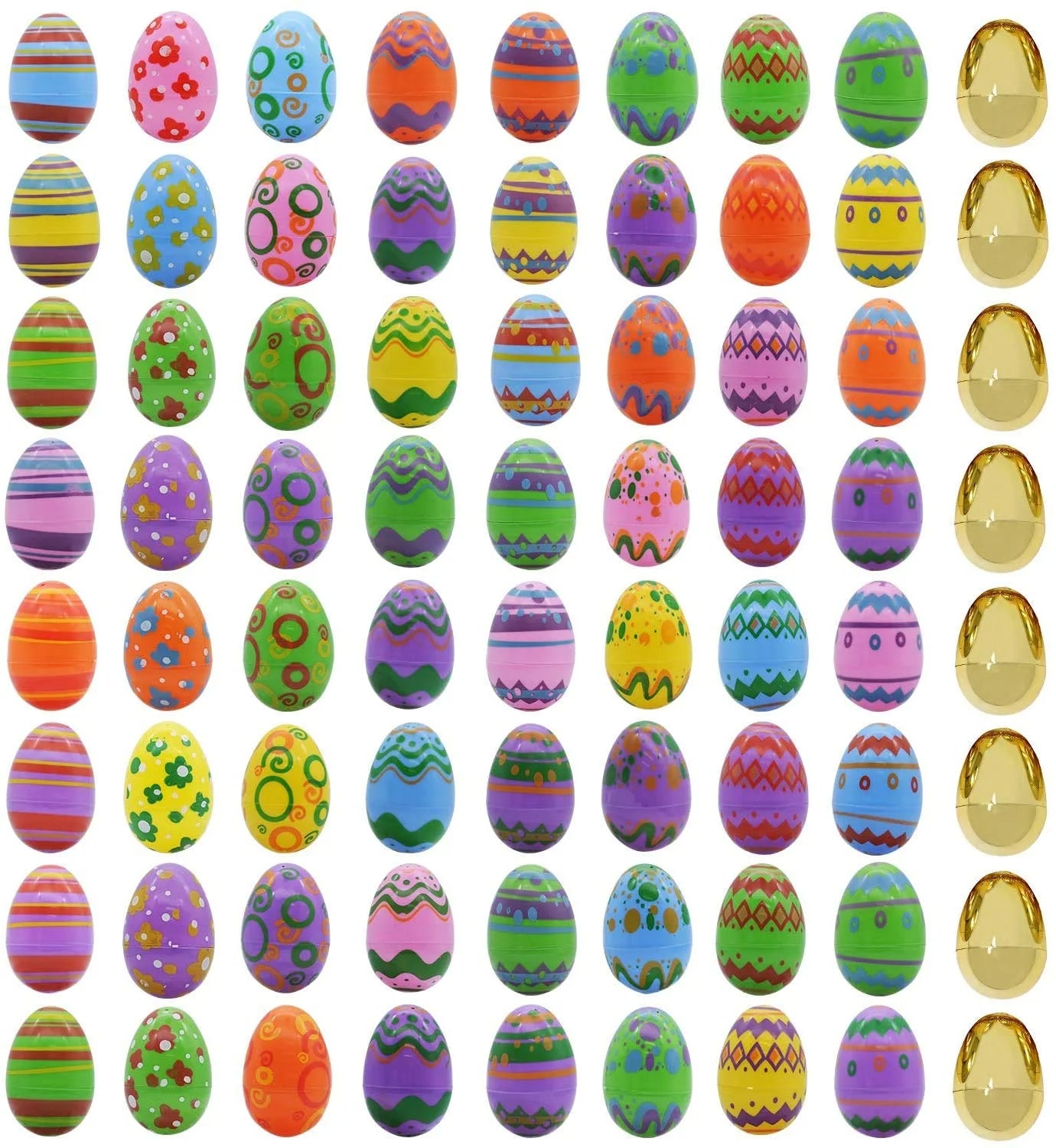 72Pcs 3" Plastic Printed Easter Egg with Golden Eggs for Easter Egg Hunt Event, Party Favor Goodie Bags, Scene and Decoration, School Classroom Prizes