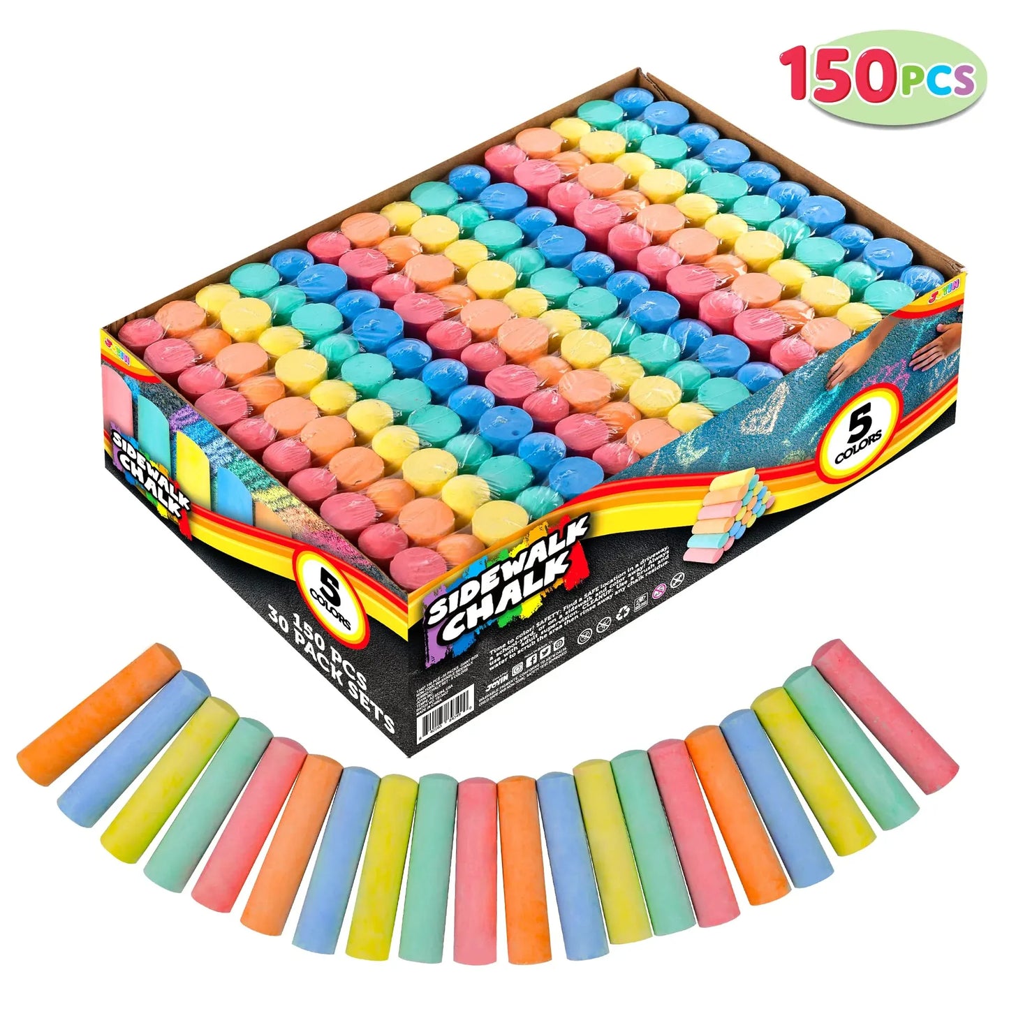 Syncfun 150PCS Washable Sidewalk Chalks,Giant Box Non-Toxic Jumbo Washable Chalk for Outdoor Art Play, Playground,5 Colors