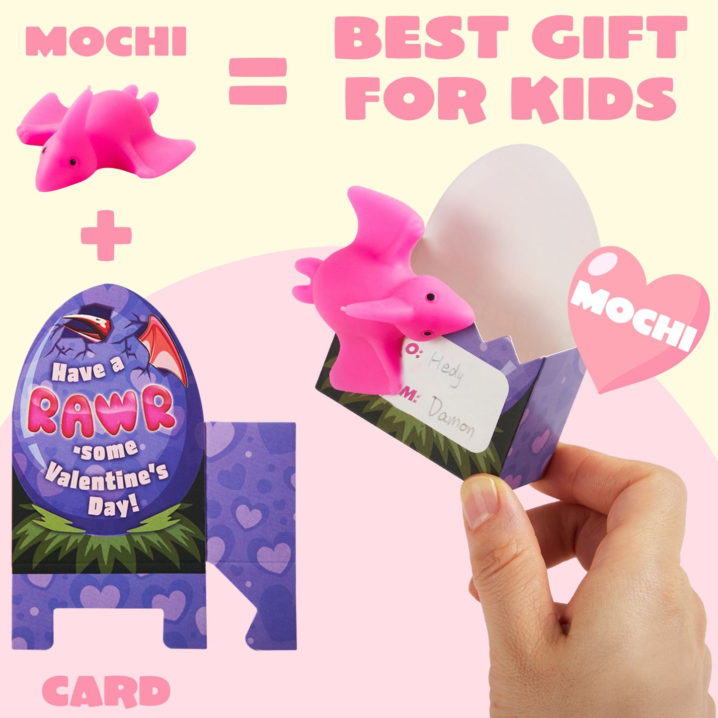 28 Packs Valentine Stress Relief Dinosaur Mochi Toys with 4-Design Boxes Party Favors Set for Kids Valentine Classroom Exchange, Holiday Party, Game Prizes and Gift Basket Stuffers