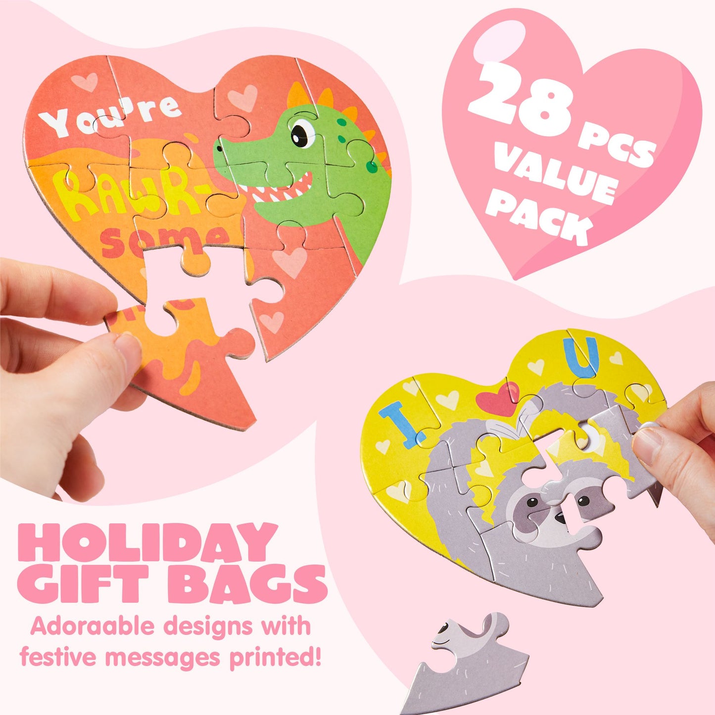 28 Pack Valentine's Day Gift Cards with Heart Jigsaw Puzzle Set for Valentine's Classroom Exchange Prizes Valentine Party Favor Toys