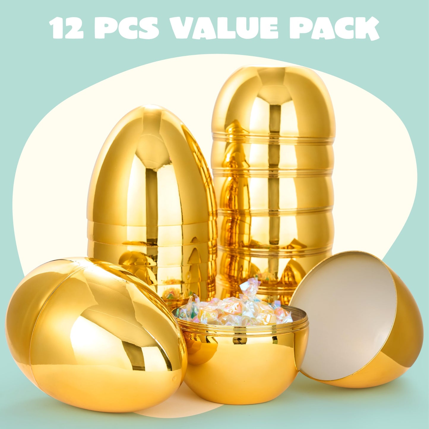 12-Pack Giant Golden Eggs, 6 Inch Metal Plastic Easter Eggs, Fillable Surprise Empty Eggs for Easter Egg Hunt Game