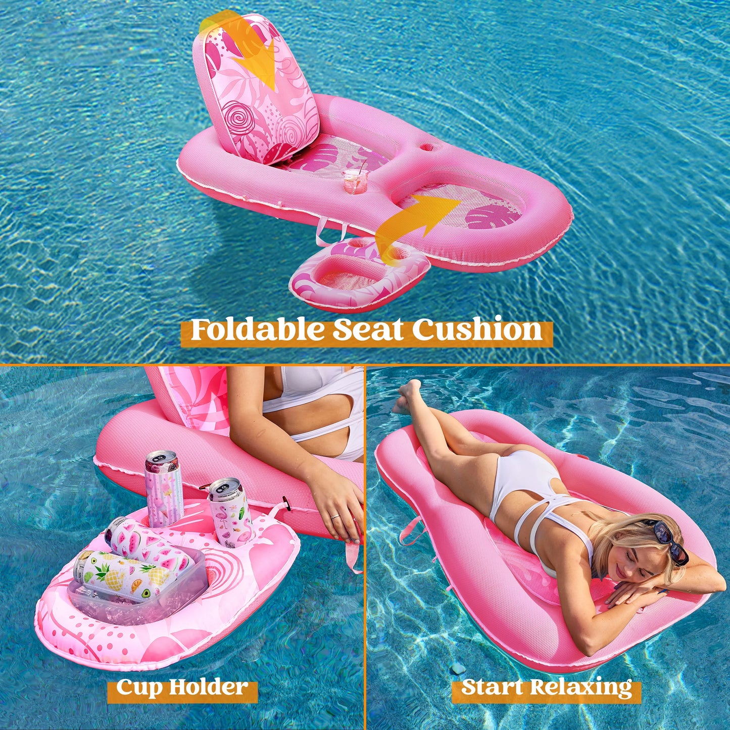 Pool Lounge Float Adult, Inflatable Pool Floats Lounger Raft Floaties Water Floating Recliner Chair with Cup Holders Foot Rest Swimming Pool Floaty