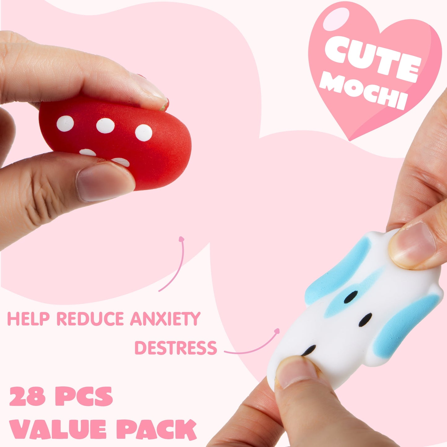 56 Pcs Valentines Cards for Kids (28 Mochi and 28 Cards),Kawaii Animal Mochi Squishy Stress Relief Gifts for Girls,Valentine Games Class Prizes for Kids