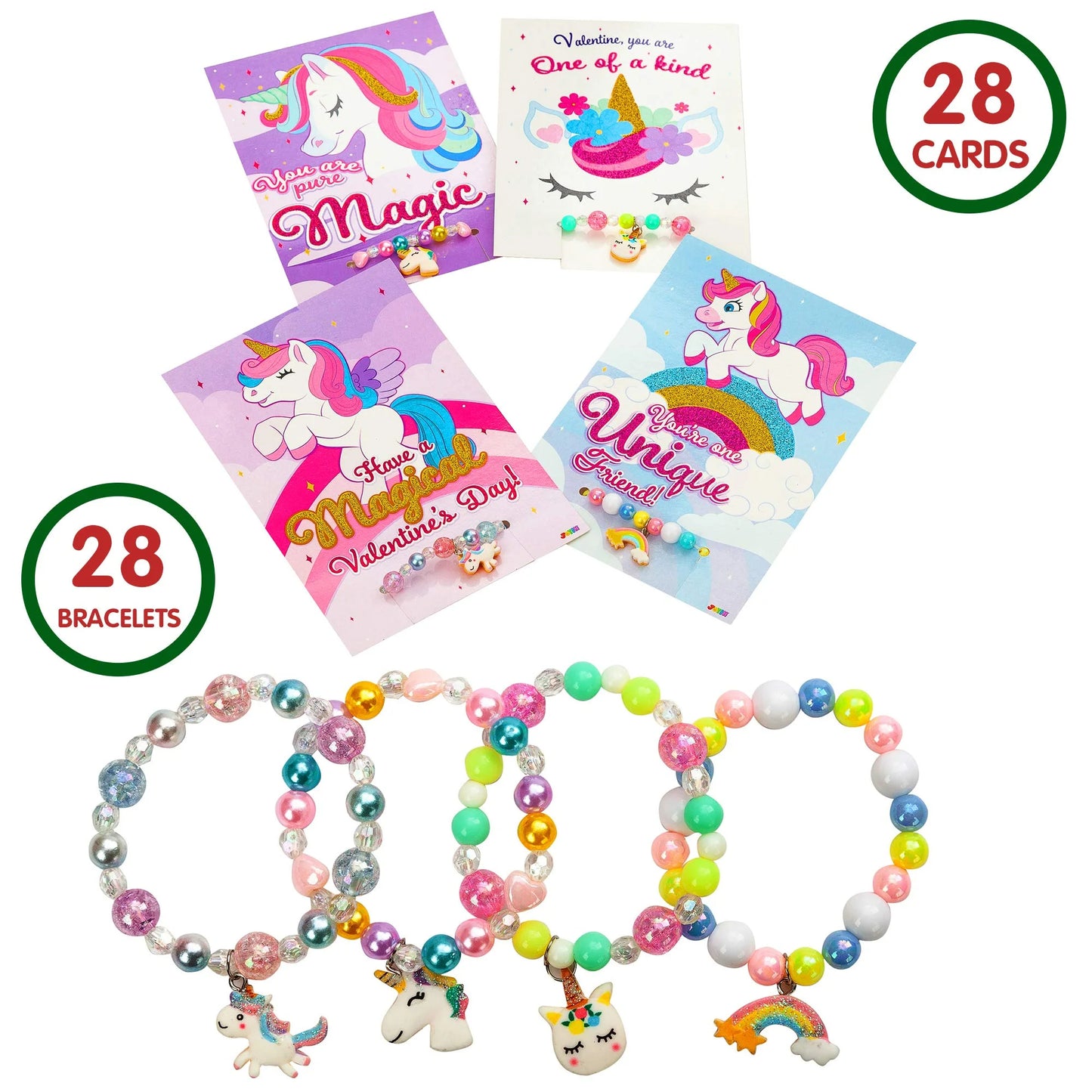 28 Packs Valentines Day Cards with Unicorn Bracelets for Kids, Valentines School Classroom Exchange Cards, Valentines Party Favors