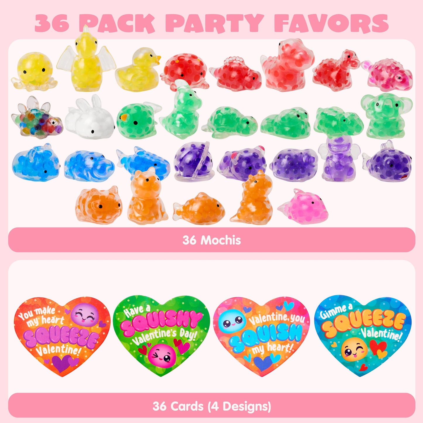 36 Packs Valentine’s Day Heart Gift Cards with Jelly Mochi Squishy Toys, Mini Critter Squeeze Balls, Stress Relief Fidget Toys for Valentine‘s Party Favors and Classroom Exchange