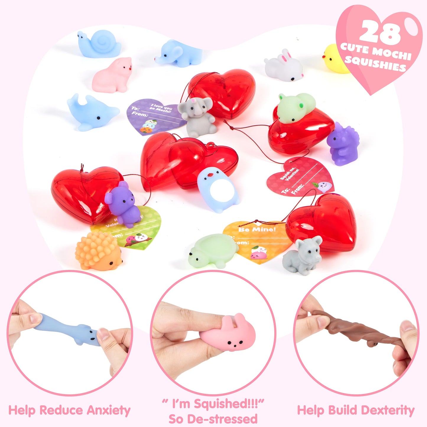 56 Pcs Valentines Cards for Kids (28 Mochi Squishy and 28 Cards),Valentine Kawaii Stress Relief Mochi Squishy Toys Filled Hearts for Kids Classroom Exchange Cards Gifts pack