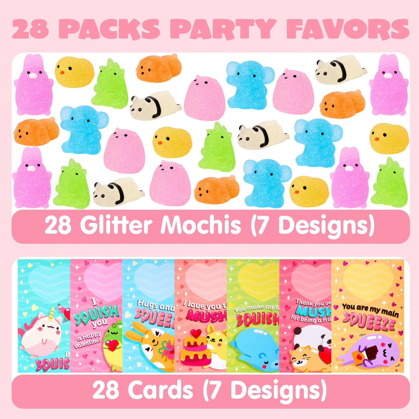 28 Packs Gift Cards with Glitter Mochi Squishy Toys, Stress Relief Fidget Toys, Cute Squeeze Toys for Kids Valentine’s Party Favor, Classroom Exchange Prizes, Exchange Gifts and Greeting Cards