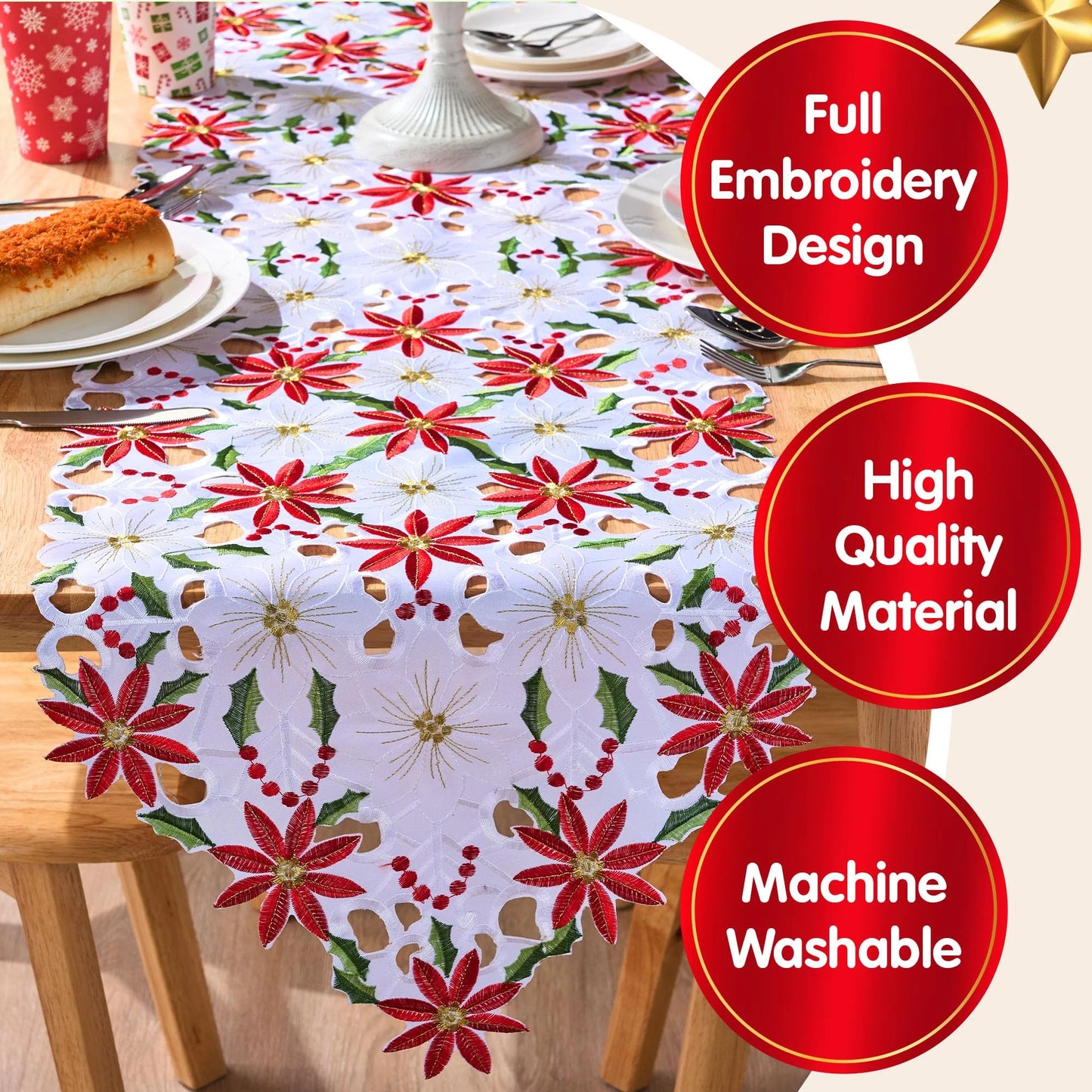 Joiedomi Christmas Flower Table Runner, Embroidered Poinsettia Holly Leaf Table Runner for Christmas Decorations