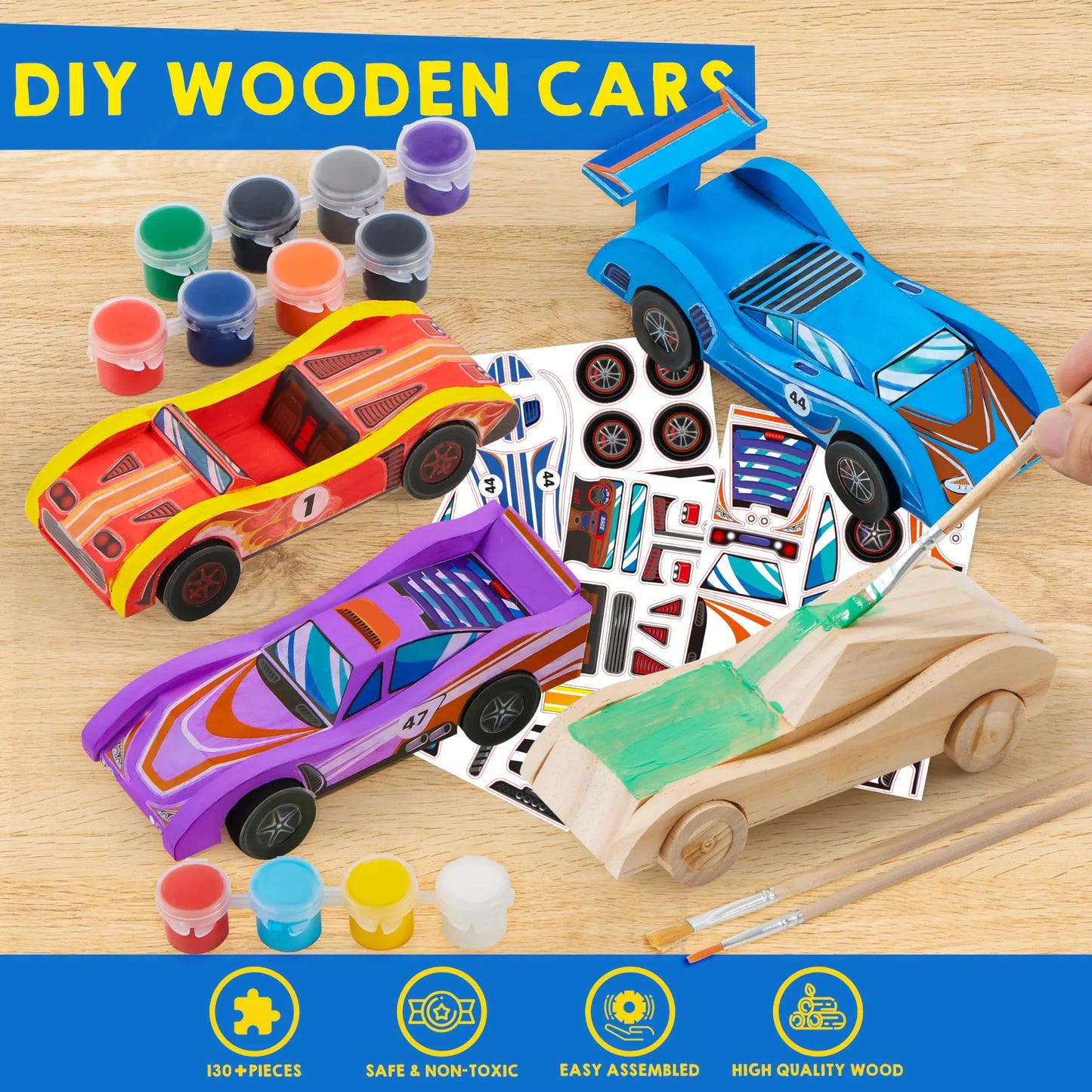 Syncfun 4Pcs Painting Kits For Kids, Paint Your Own Wooden Race Cars Toy, Easy To Assemble Arts & Crafts Kit, Birthday Party Presents For Kids Boys Ages 6 8 10 12