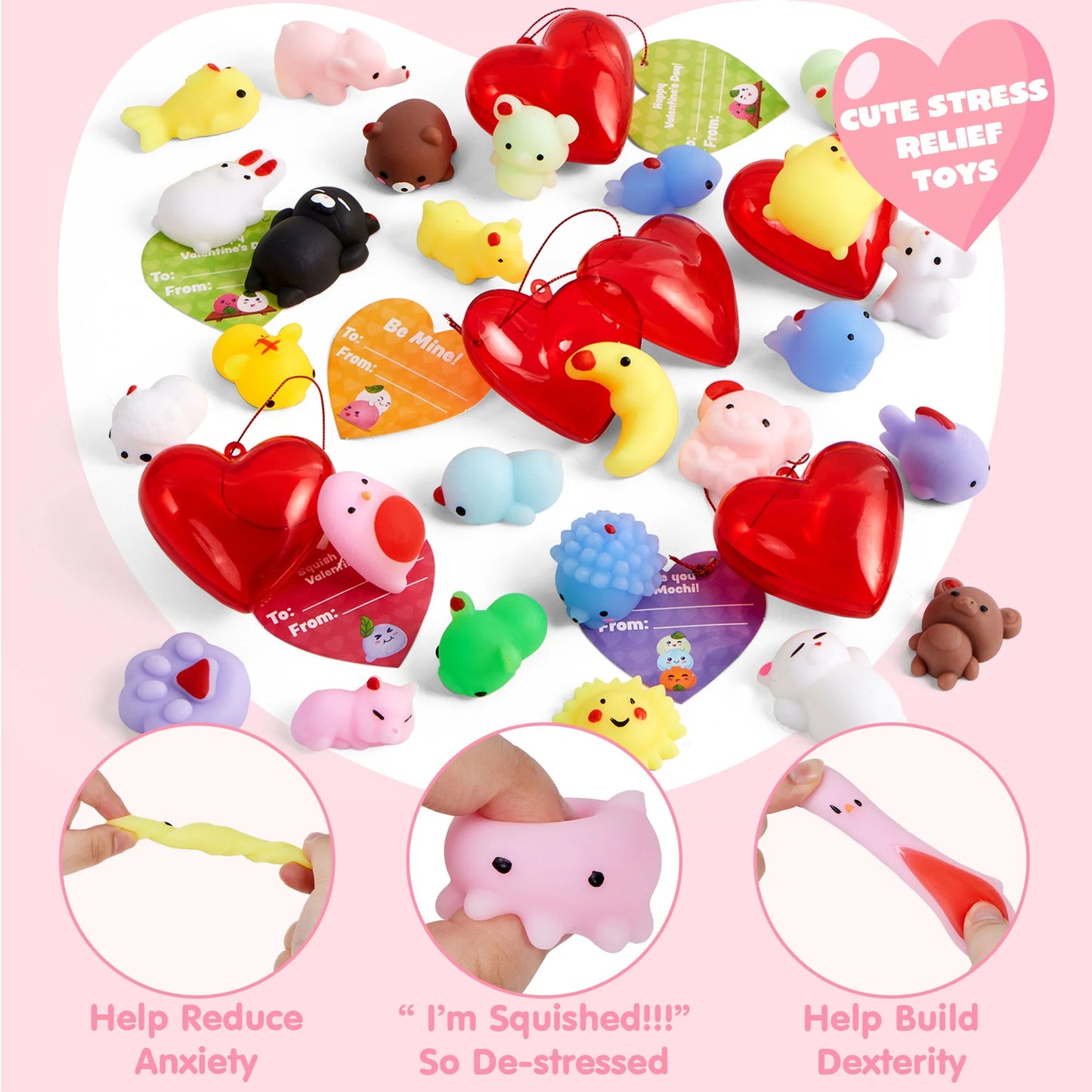 56 Pcs Valentines Cards for Kids (28 Mochi and 28 Cards),Stress Relief Mochi Squishy Toys Filled Hearts for Kids Classroom Exchange Cards,Game Prizes Gifts