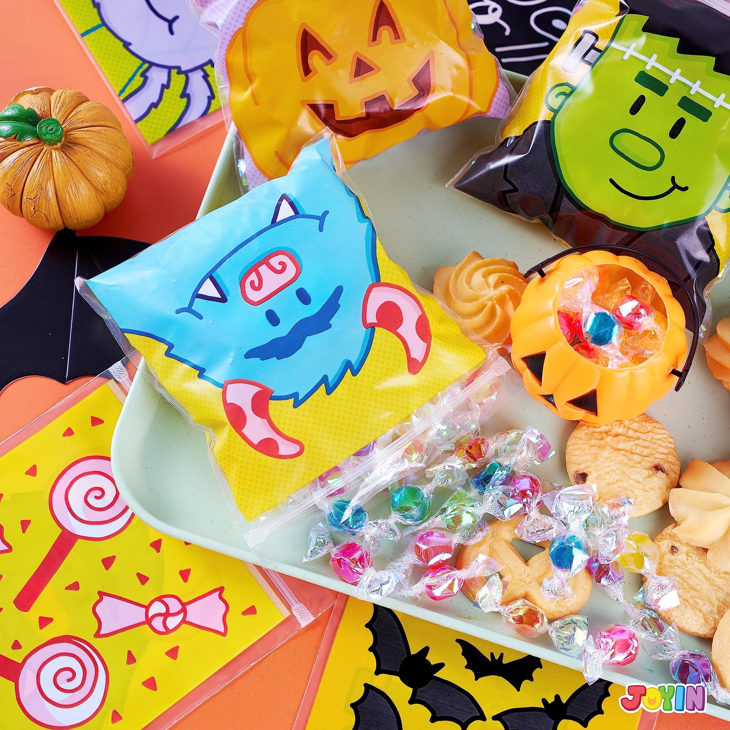 Joyfy 150 Pcs Halloween Treat Bags Clear Self Sealing Cellophane Bags Goodie Bags for Snack Cookie Candy,Halloween Gift Trick or Treat Bags,Halloween Party Supplies