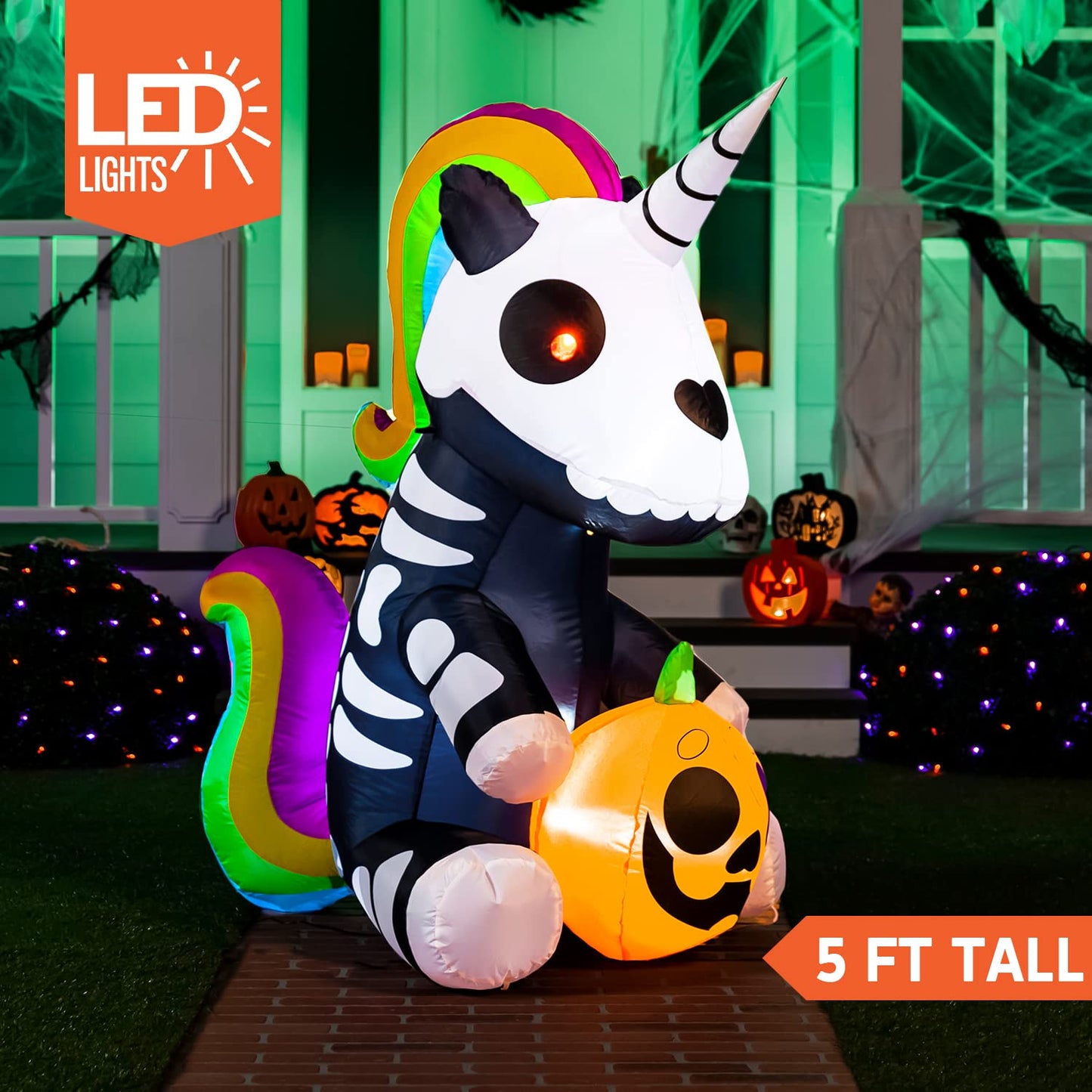 Syncfun 5 FT Halloween Inflatable Sitting Skeleton Unicorn with Build-in LEDs,Halloween Decorations Blow Up Yard decorations Outdoor Decorations