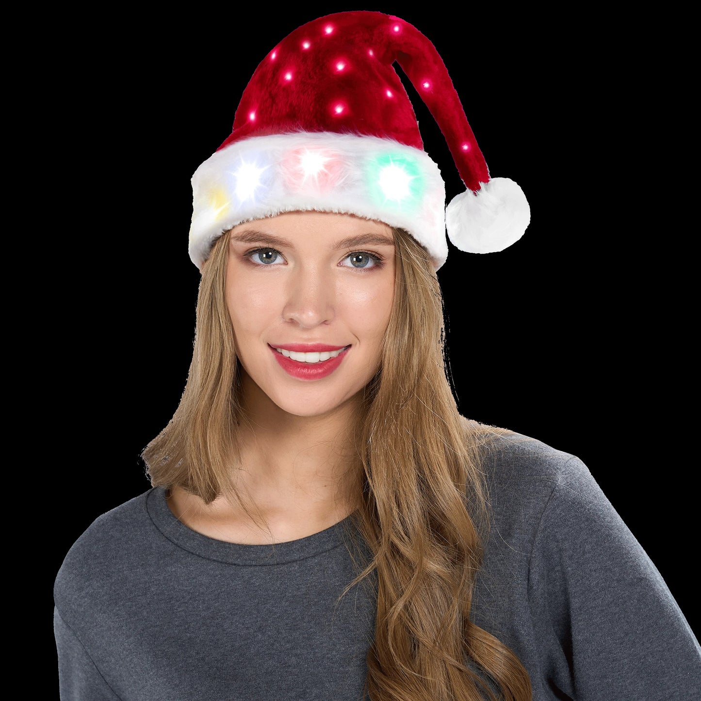Joyfy Light Up Santa Hats Adult Christmas Hat Elf Xmas Party Hat Red Plush Hat for Adult Women Men