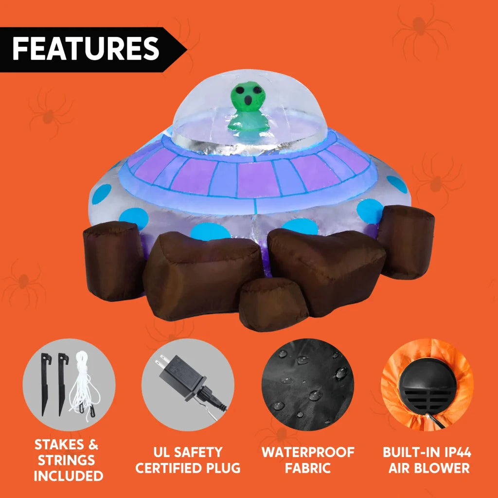 Syncfun 5 FT Halloween Inflatable Crashing UFO Alien Decoration with Built-in LEDs,UFO Halloween Decorations Outdoor Blow Up Yard Lawn Decoration