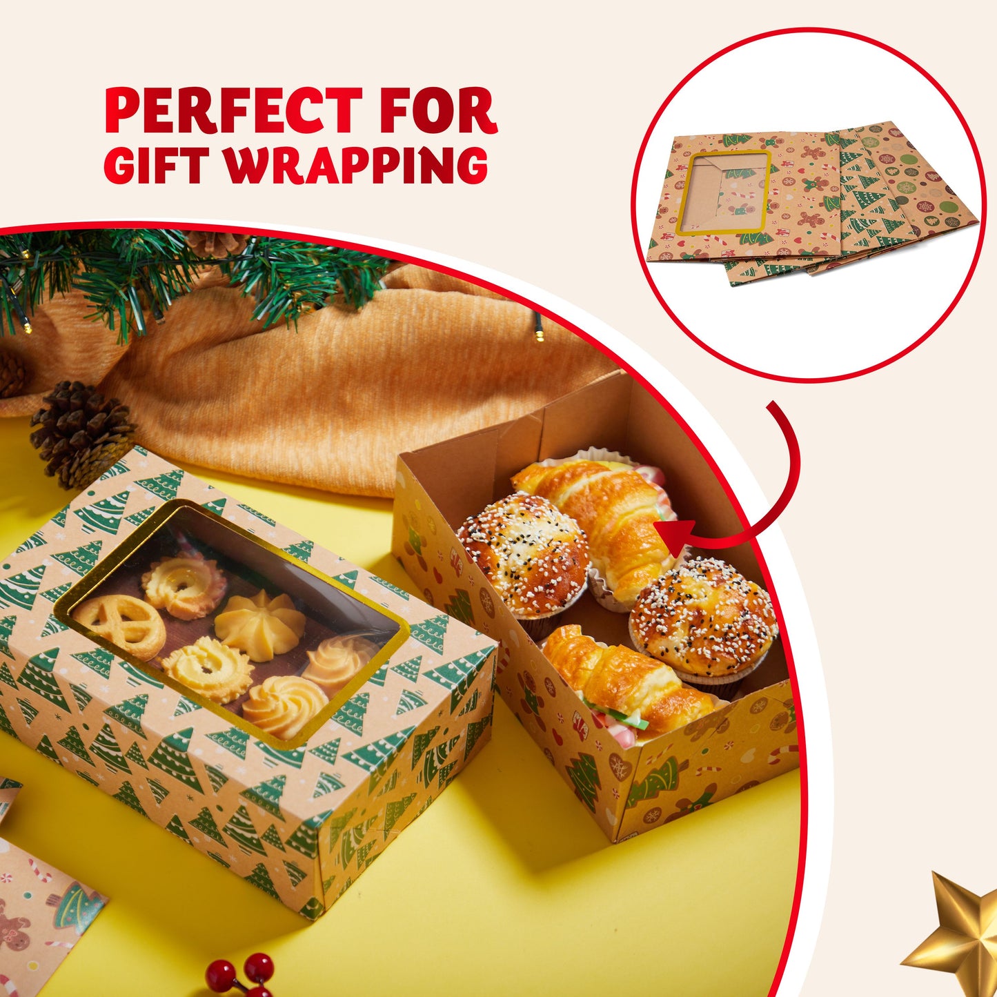 Joyfy 24 Pcs Christmas Foil Cookie Boxes with Window 8.75" x 5.75" x 2.75”Bakery Treat Gift Box for Pastries, Cupcakes, Cookies, Brownies, Donuts Gift Giving