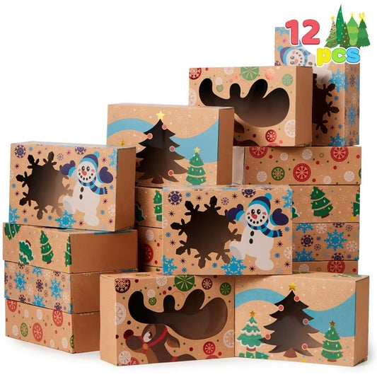 Joyfy 12 Pcs Foiled Christmas Cookie Boxes with Window 8.5" x 5.75" x 2.75", Treat Boxes for Pastries, Cupcakes, Brownies, Gift-Giving, Doughnut and Cookie, Brown Kraft Bakery Boxes