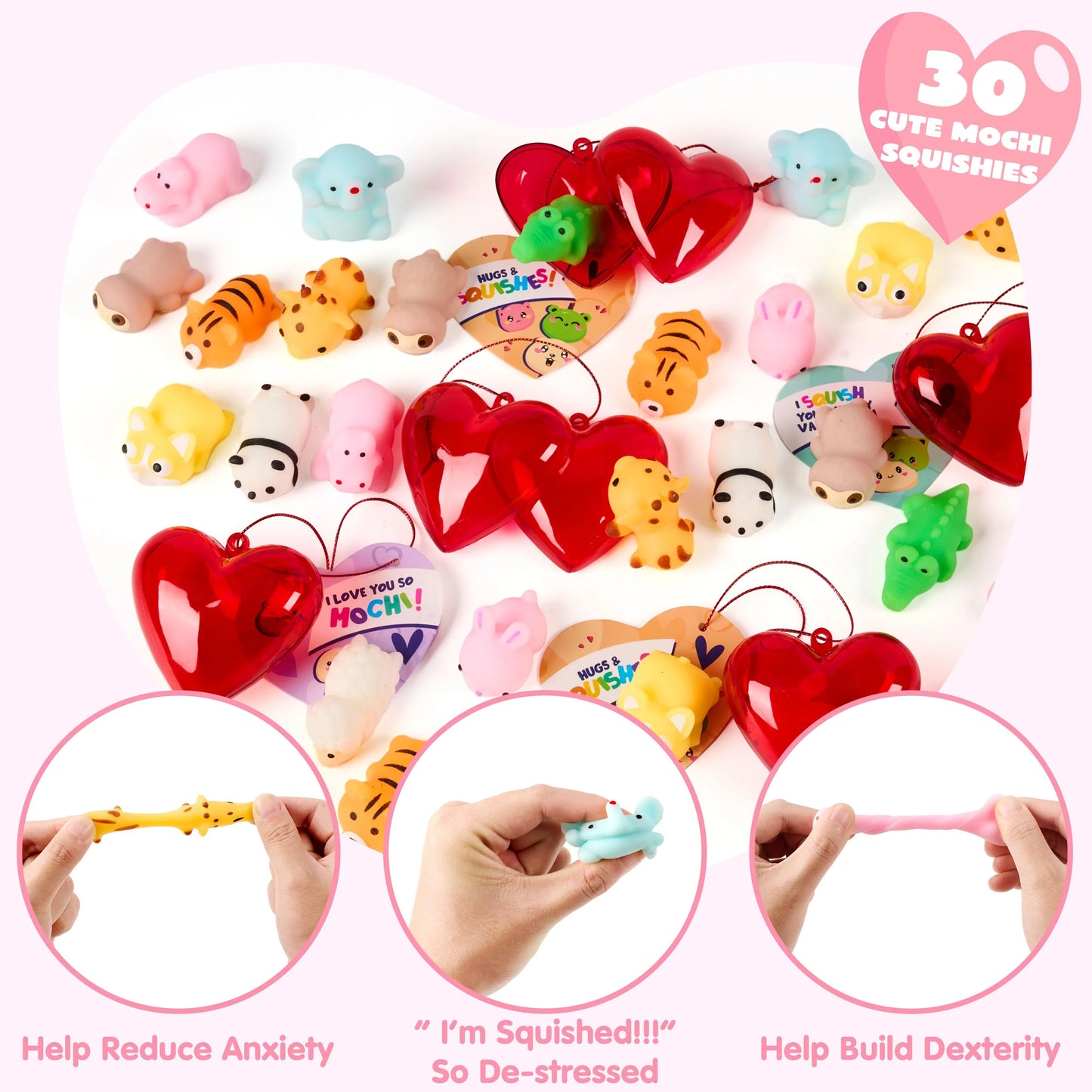 30 Packs Valentine’s Day Heart Gift Cards with Mix Critter Mochi Squishy Toys and Heart Shells, Stress Relief Fidget Toys, Squeeze Toys for Kids Valentine‘s Party Favors and Classroom Exchange