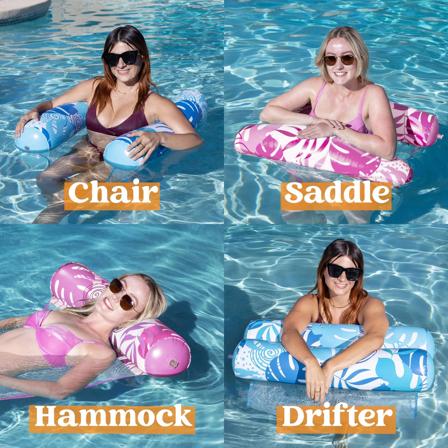 2 Packs Inflatable Pool Float Hammock, 4 in 1 Pool Floaties for Adults, Swimming Pool Accessories (Saddle, Lounge Chair, Hammock, Drifter) for Pool, Beach, Outdoor