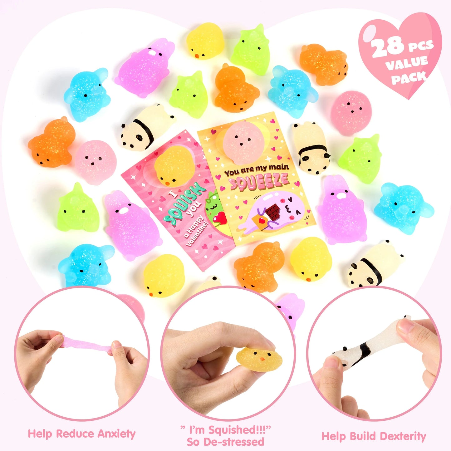 28 Packs Gift Cards with Glitter Mochi Squishy Toys, Stress Relief Fidget Toys, Cute Squeeze Toys for Kids Valentine’s Party Favor, Classroom Exchange Prizes, Exchange Gifts and Greeting Cards