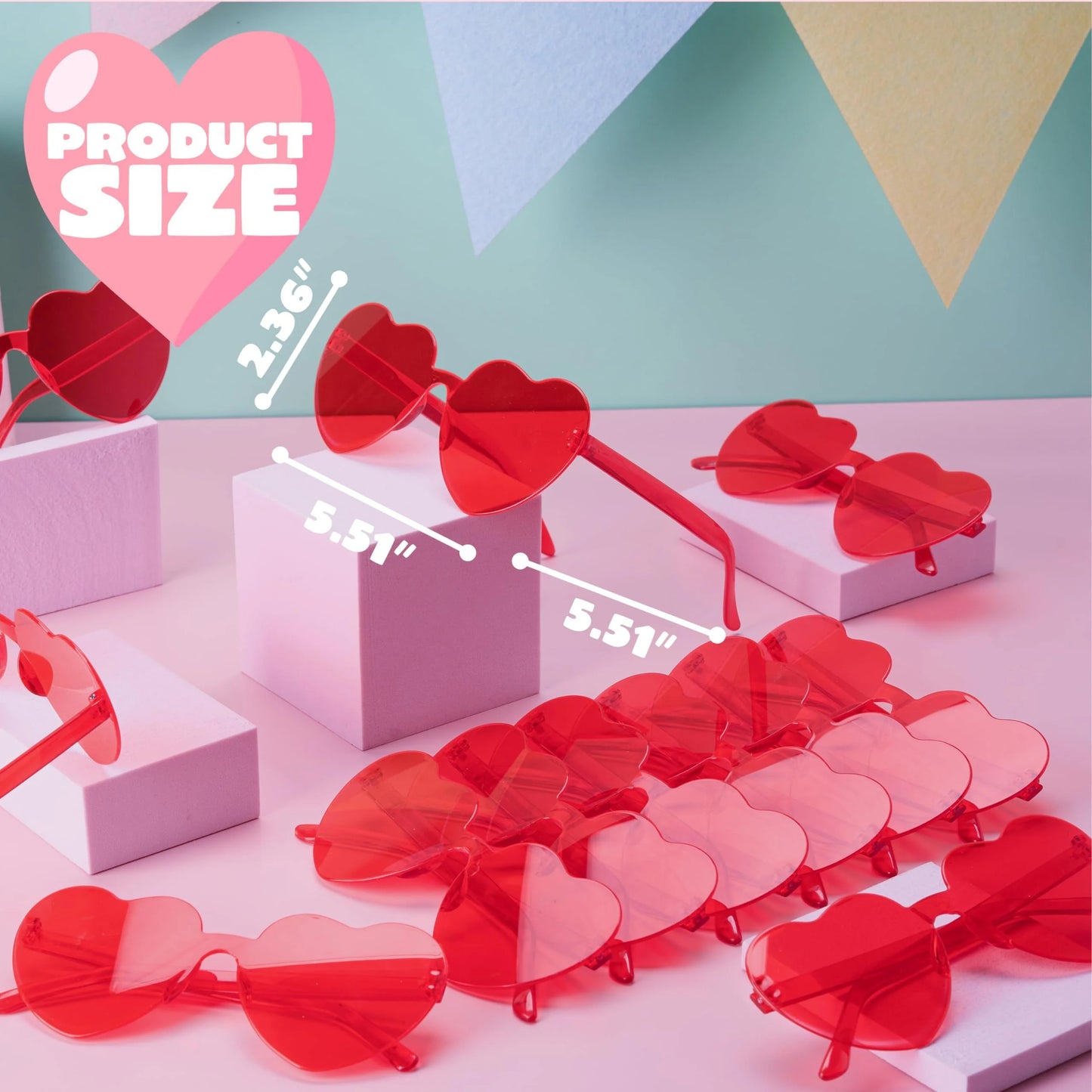 12 Pack Valentine's Day Heart Shape Glasses, Rimless Sunglasses, Classroom Exchange Gift for Kids, Stylish and Safe Eyewear in Red
