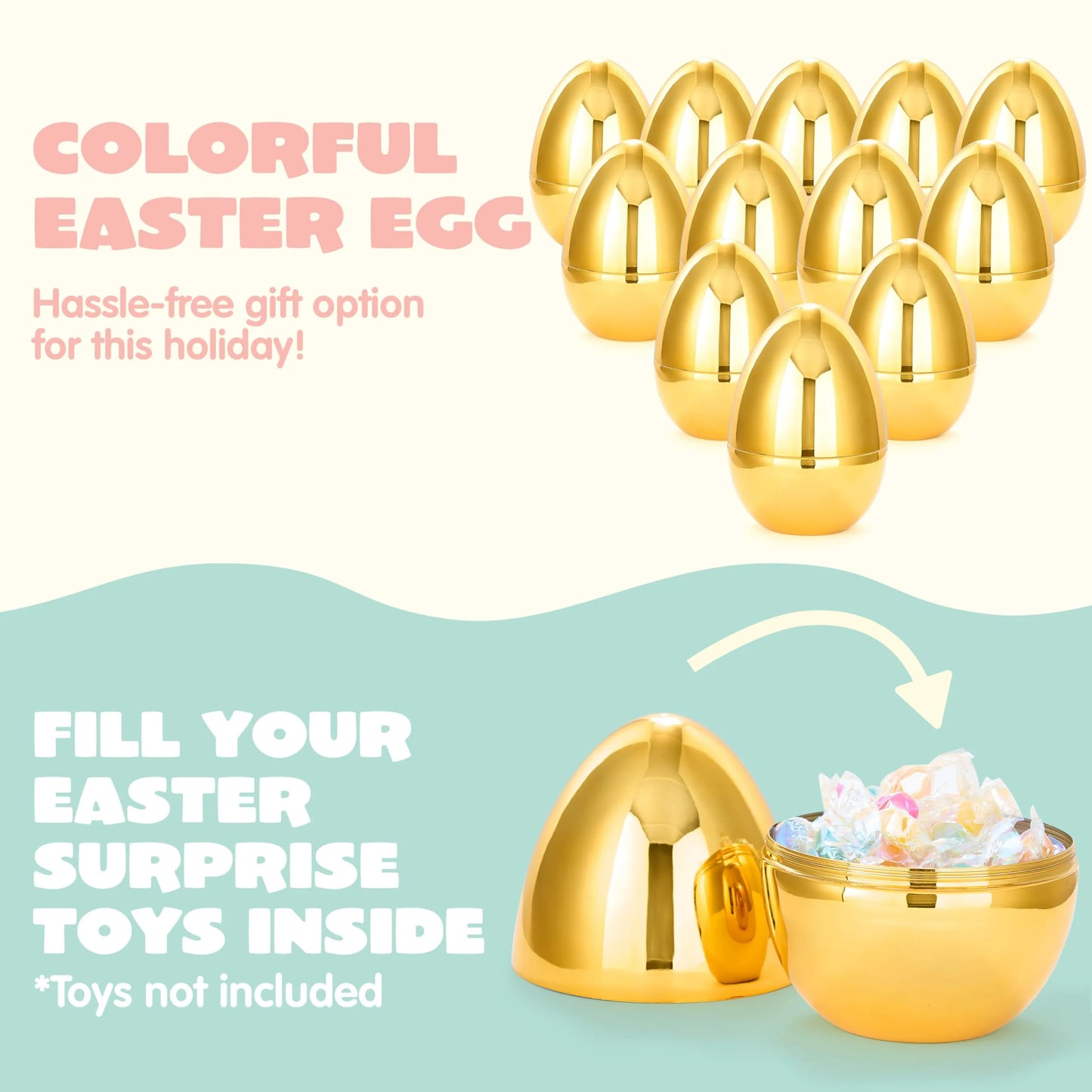 12-Pack Giant Golden Eggs, 6 Inch Metal Plastic Easter Eggs, Fillable Surprise Empty Eggs for Easter Egg Hunt Game