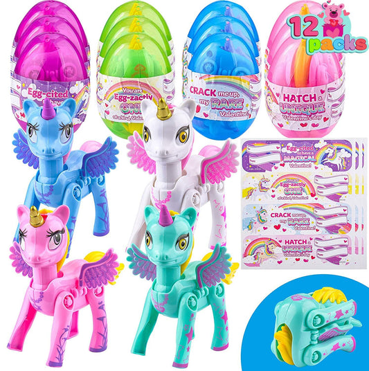 12 Pack Easter Basket Stuffer with Transforming Unicorn Toys in Egg for Valentine Party Favor, Classroom Exchange Prize, Valentine’s Greeting Cards, Transforming Unicorns, Hatching Unicorn Eggs