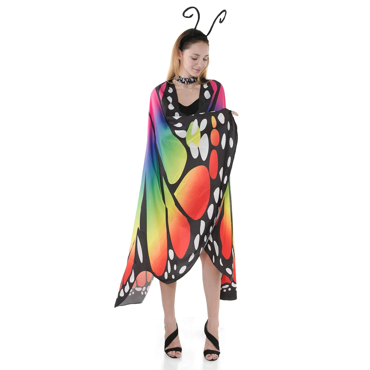 Syncfun Butterfly Wing Cape Shawl with Lace Mask and Black Velvet Antenna Headband