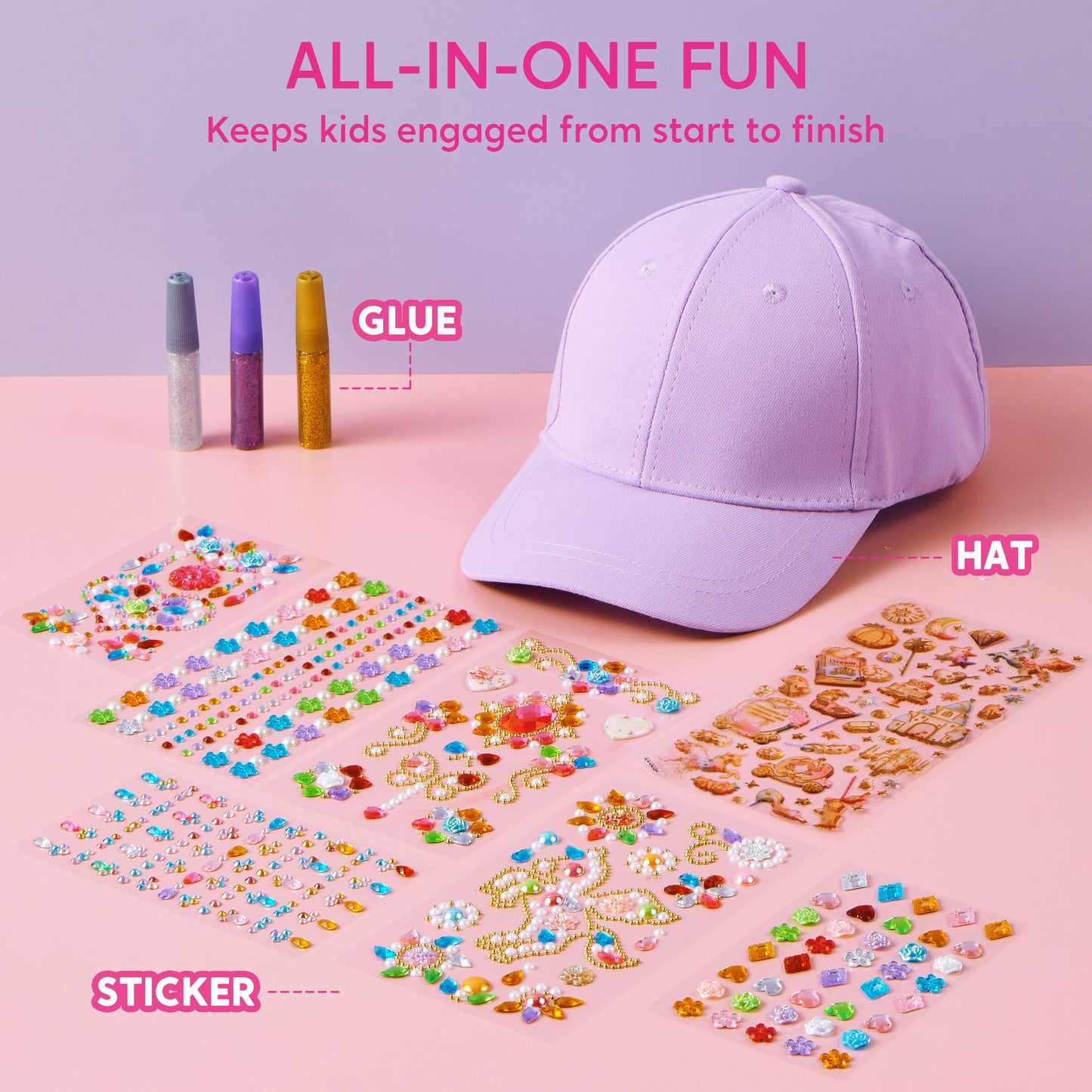 Joyfy Purple Baseball Cap Gem Art Set for Kids Ages 8-12 ,Creative Arts and Crafts Gift for Girls ,Perfect for Christmas and Birthday Celebrations