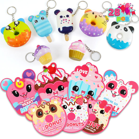 28 Packs Dessert Squishy Toys Stress Relief Keychains with Cards for Classroom Exchange Prizes, Fidget Toy Valentine’s Greeting Cards, Valentine Party Favors, Valentine Exchange Gifts