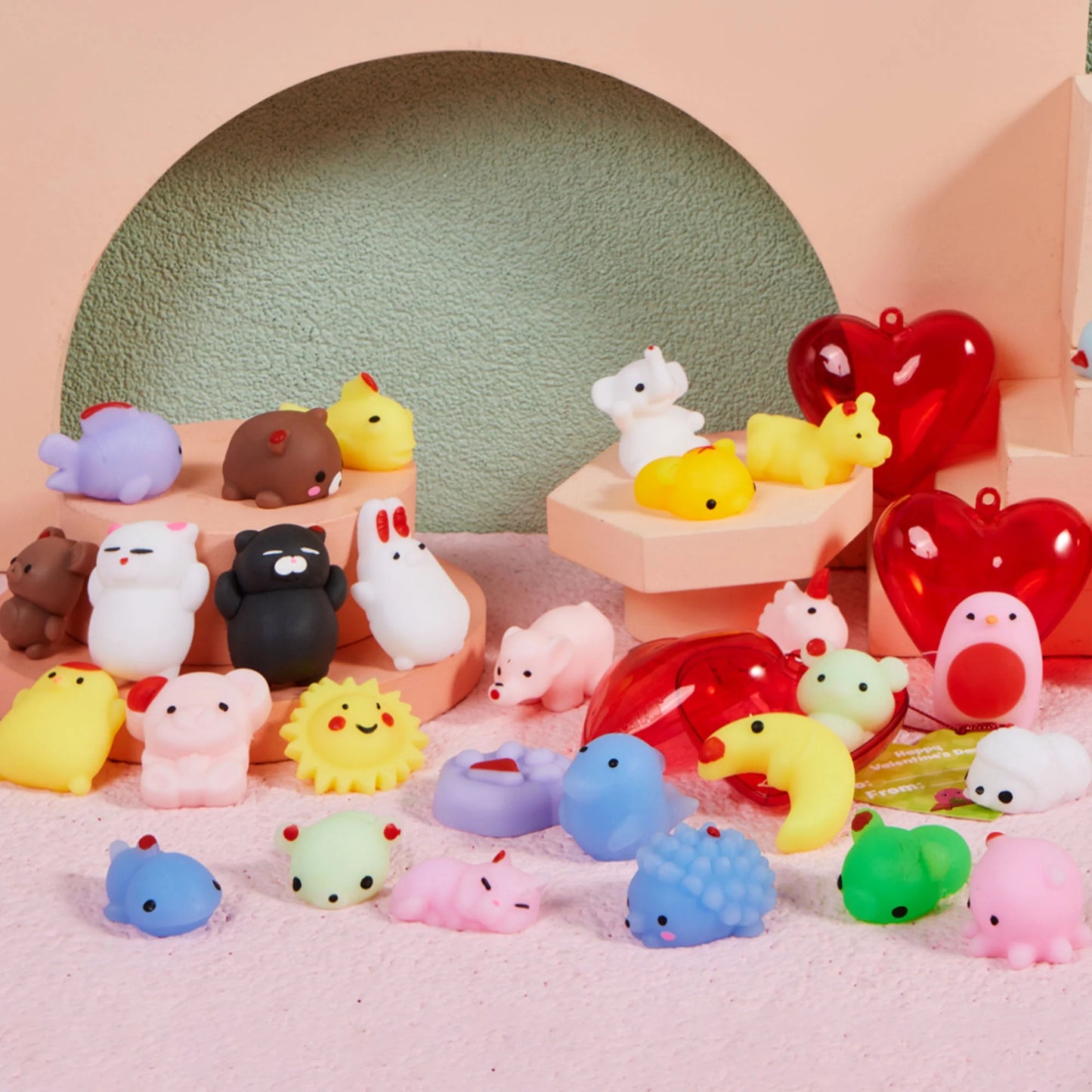 56 Pcs Valentines Cards for Kids (28 Mochi and 28 Cards),Stress Relief Mochi Squishy Toys Filled Hearts for Kids Classroom Exchange Cards,Game Prizes Gifts