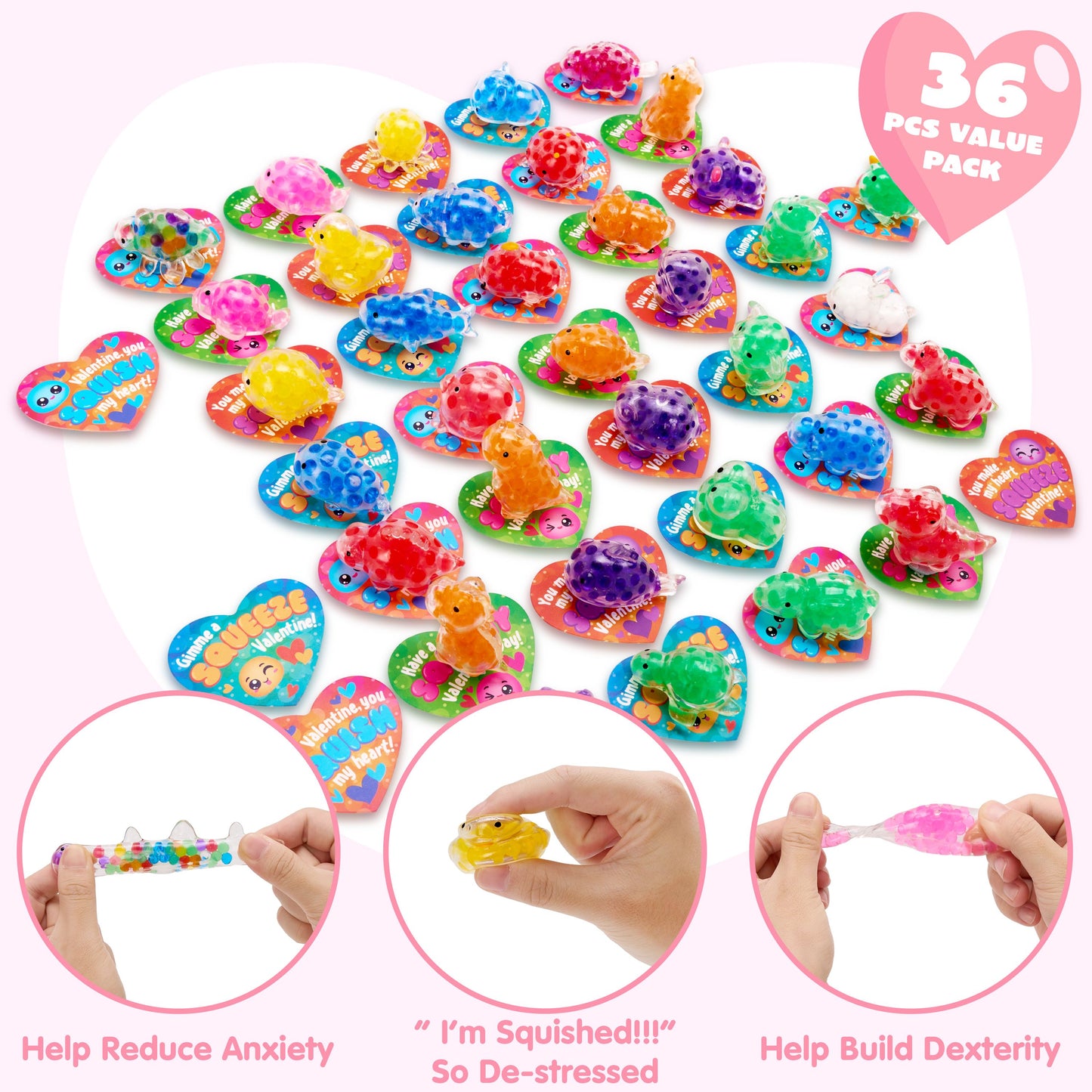 36 Packs Valentine’s Day Heart Gift Cards with Jelly Mochi Squishy Toys, Mini Critter Squeeze Balls, Stress Relief Fidget Toys for Valentine‘s Party Favors and Classroom Exchange
