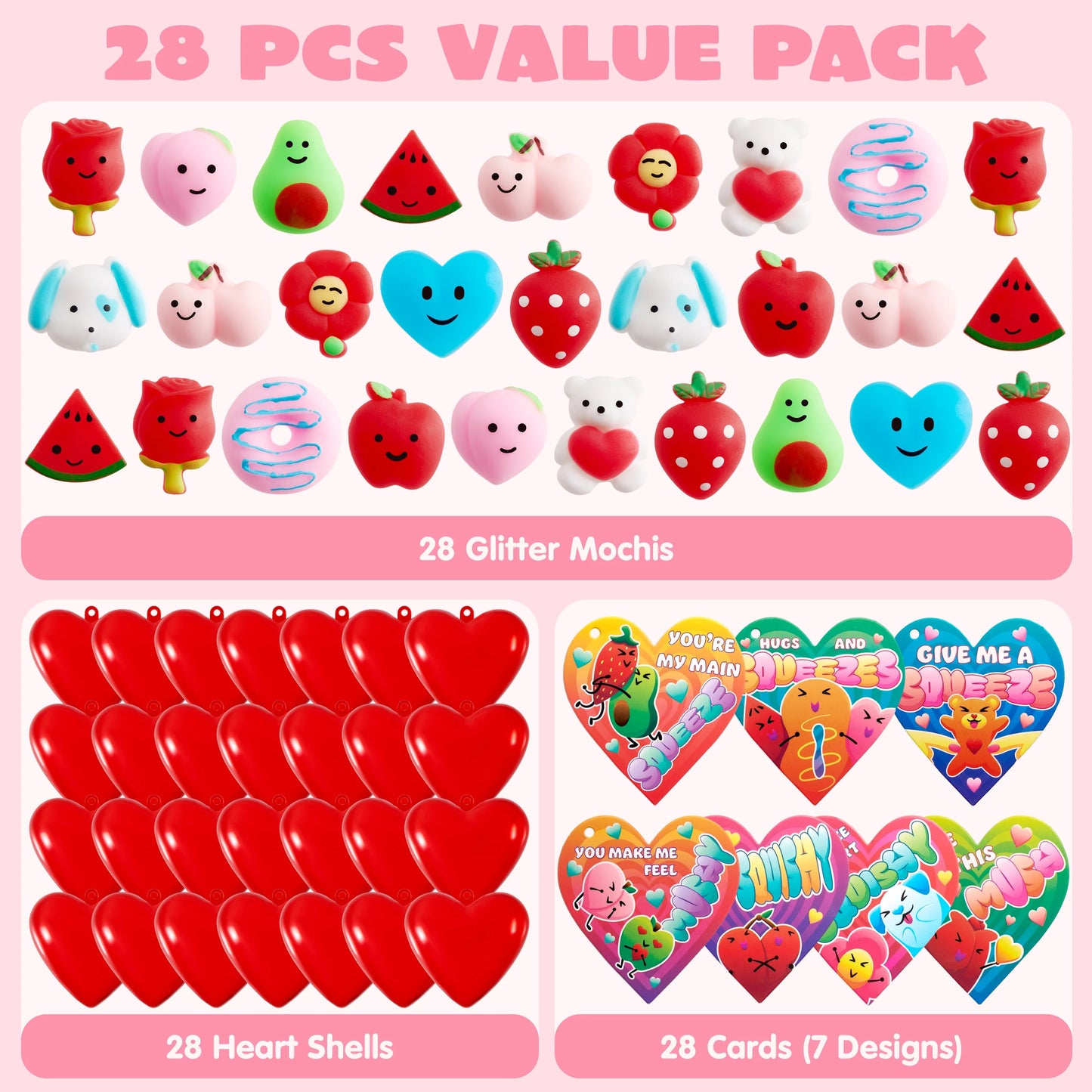 56 Pcs Valentines Cards for Kids (28 Mochi and 28 Cards),Kawaii Animal Mochi Squishy Stress Relief Gifts for Girls,Valentine Games Class Prizes for Kids