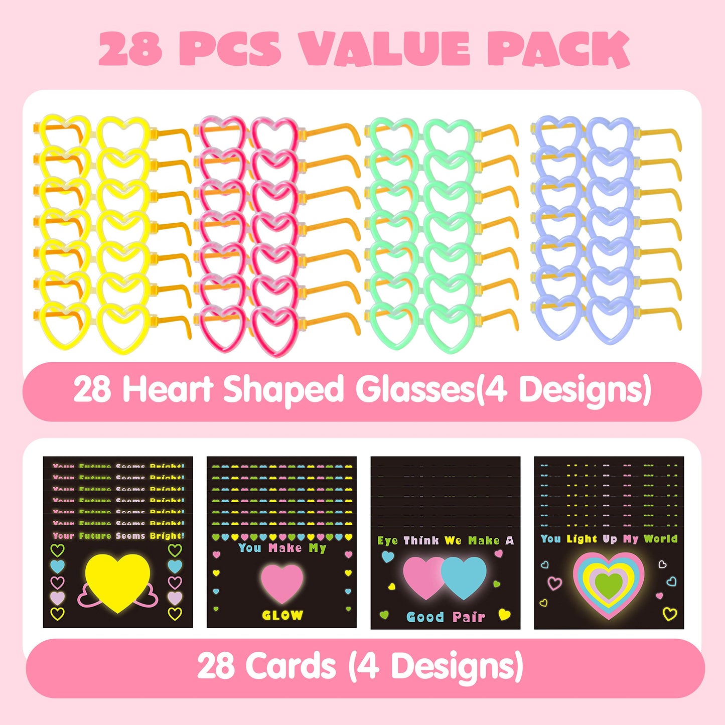 28 Packs Valentines Day Gifts Cards, Valentine's Greeting Cards with Heart Shaped Glasses and Light-up Glow Sticks for Kids Valentine's Day Party Favor Classroom Exchange Prize Supplies