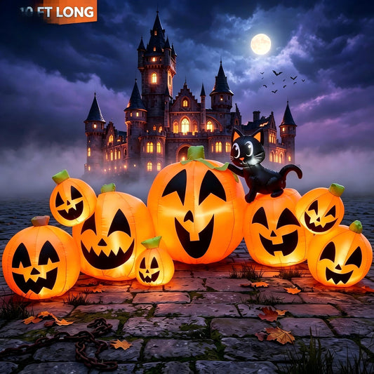 Joyfy 10 FT Halloween Inflatable Long Pumpkin with Witch's Cat Decorations Inflatables with Build-in LEDs,Halloween Decor Outdoor Blow Up Yard Decorations