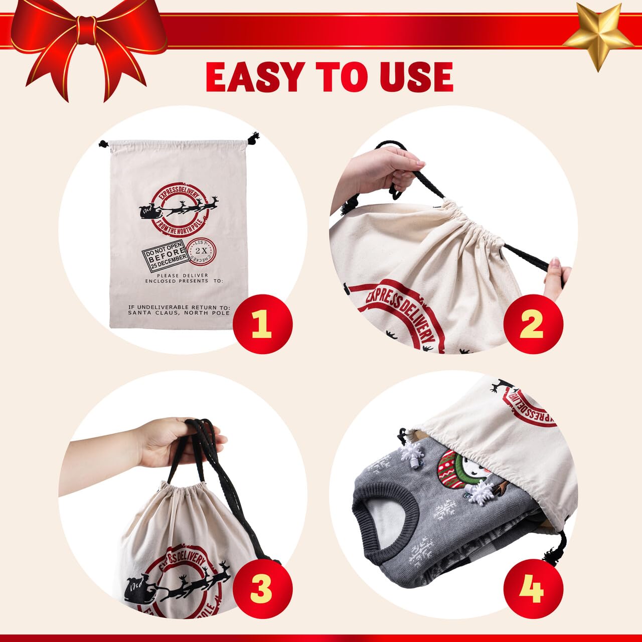 YNCFUN Christmas Drawstring Gift Bag Santa Burlap Sack 26" x 19" Cloth Pouch for Xmas Presents Package, Event Party Supplies, Christmas Party Favors