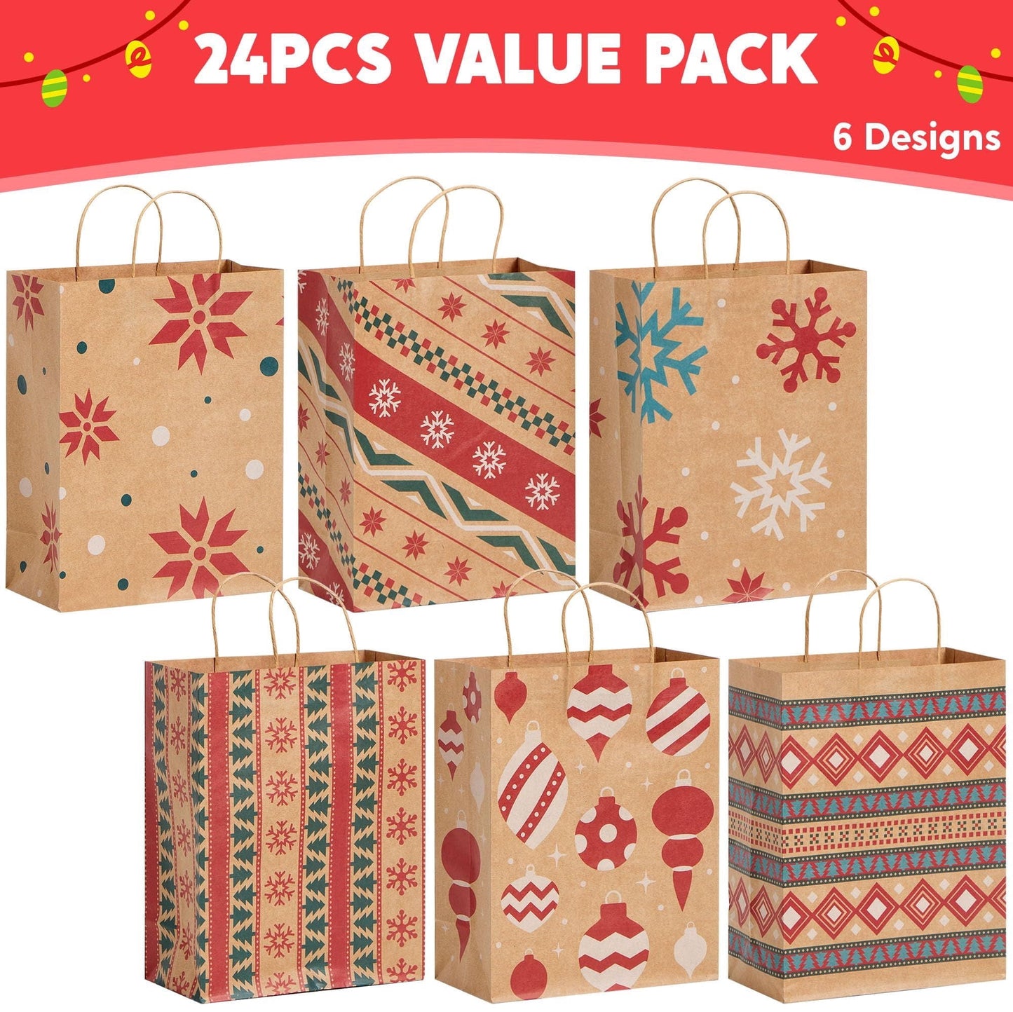 Joyfy 24 Pcs Christmas Kraft Gift Bags Xmas Holiday Paper Goody Bags with Handles for Holiday Presents Wrapping,Giant Gifts Decorations,Classrooms and Party Favors (10 x 13 x 5)