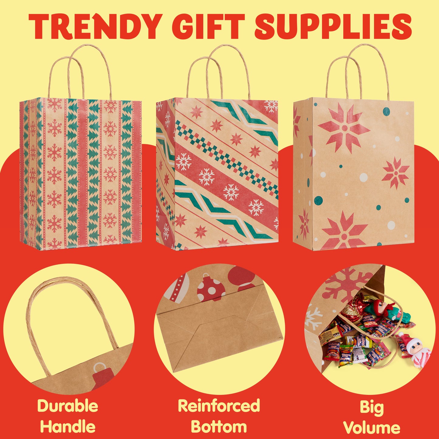Joyfy 24 Pcs Christmas Present Bags, Kraft Bags with Handle for Christmas Party Favors, Gift Giving, Holidays Decorations, Xmas Treat Bags