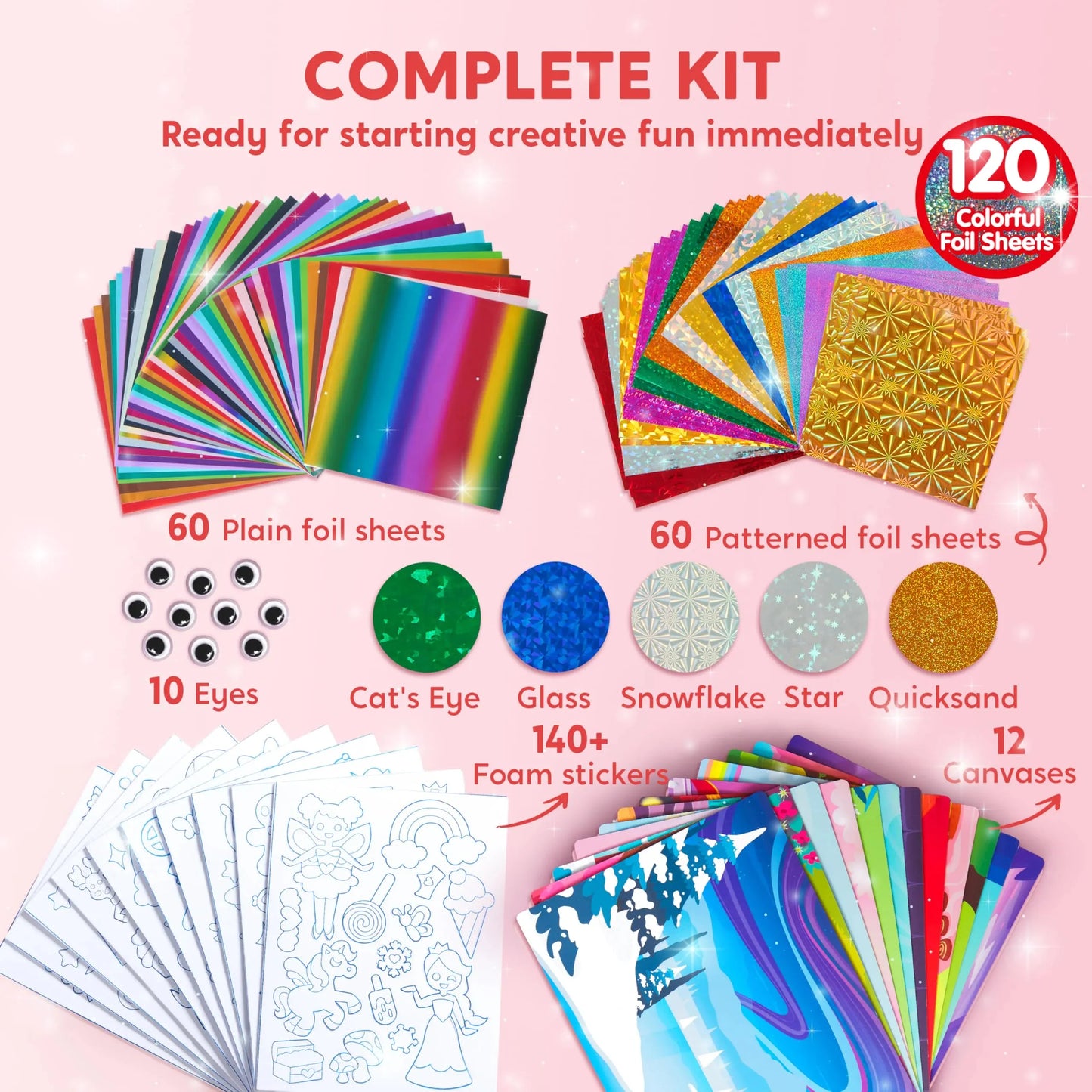 Syncfun Fun Foil Art Kit for Kids , No Mess Art Kit with 12 Peel and Stick Pictures, Creative DIY Foil Art Gifts for Boys & Girls Ages 4 and Up